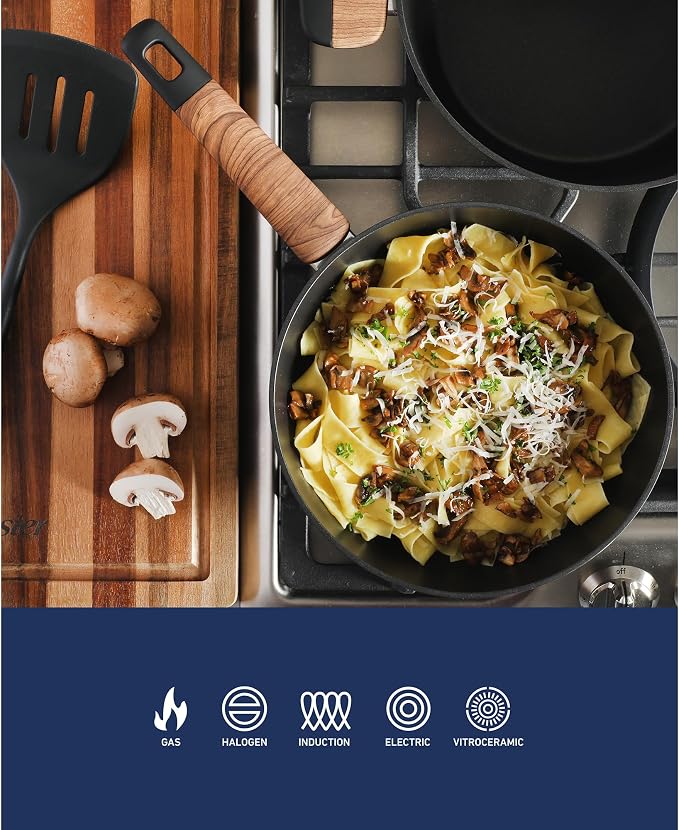 Oster Platinum Oxburg 14 Piece Forged Aluminum PFA Free Non-toxic Premium Ceramic Non Stick Interior Cookware & Kitchen Tools Set - Black w/Wood Handles - Image 4
