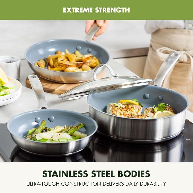 GreenPan Treviso 10 Piece Cookware Set, Non-Toxic PFAS-Free Stainless Steel Ceramic Nonstick Coating, Induction Suitable, Pots, Pans Lids, Sauté & Saucepans, Multi Clad, Dishwasher & Oven Safe - Image 8