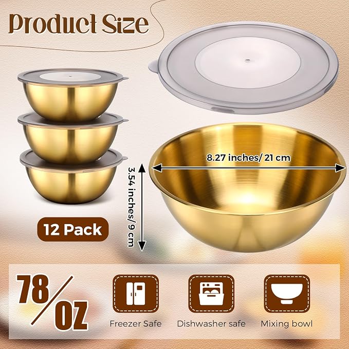 Nuogo 12 Pack 8.27 Inches Gold Stainless Steel Mixing Bowls with Airtight Lids Stackable Metal Serving Esthetician Facial Bowls for Salad, Fruit, Soup & Kitchen Prep - Image 2