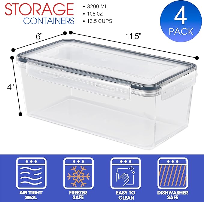 Sorbus Airtight Food Storage Containers, Plastic Pantry Bins (4 Pack) | Four-way snap lids keep cereal, pasta, flour, nuts and candy fresh; stackable construction fits cabinets and counters. - Image 4