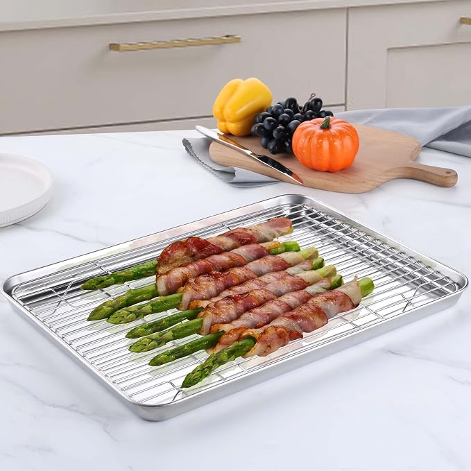 Homikit Half Baking Sheet with Wire Cooling Rack (1 Pan+1 Rack), Nonstick | 18x13 Inch Stainless Steel Cookie Sheets for Baking, Large Baking Pan with Grid Set, Metal Bacon Tray, Oven & Dishwasher Safe - Image 4