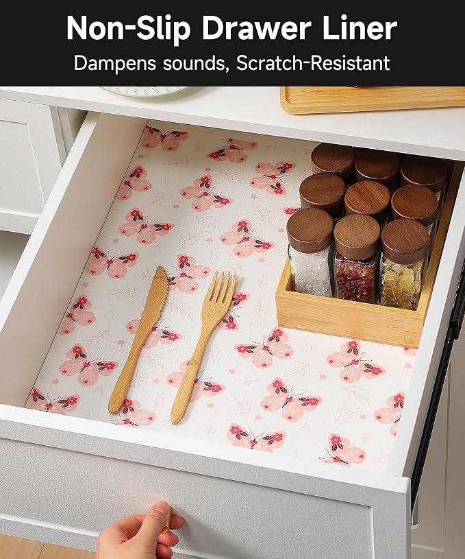 Shelf Liner for Kitchen Cabinets - Non-Adhesive Waterproof and Oil-Proof Drawer Liner, Reusable Protector for Dresser, Wire Shelf, Cupboards(Pink Butterfly, 17.5" W x 360" L) - Image 3
