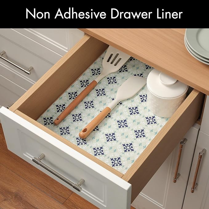 Cooyes Shelf and Drawer Liners for Kitchen Cabinets, Non-Adhesive Cabinet Liners, EVA Waterproof Durable Shelf Paper for Refrigerator, Shelves, Cupboard with European Pattern, Easy to Cut - Image 3
