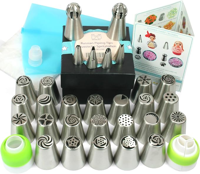 Wenburg Russian Piping Tips Set - Cupcake Decorating Kit - 25 Large & 4 Small Nozzles (incl. Leaf attachments), 3 Adapters, 1 Silicone and 30 Disposable Piping Bags, Manual (Deluxe) by Wenburg