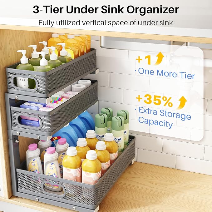 Under Sink Organizer, 3-Tier Thickened Metal Pull out Cabinet Organizer Shelf, Height Adjustable Slide out Storage Drawer Rack for Kitchen Bathroom Pantry Laundry Home Organization, 2-Pack, Grey - Image 3