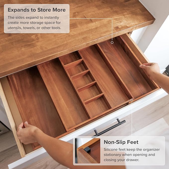 KitchenEdge Utensil & Junk Drawer Organizer, 16-28 in, Acacia | Food-safe contract grade, 100% sustainable wood, non-slip, adjustable - Image 6
