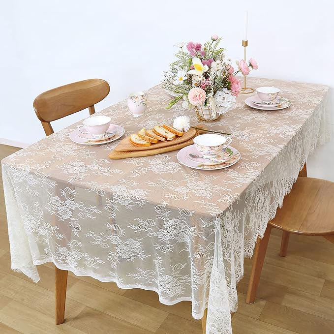 Set of 2 Ivory Lace Tablecloths Rectangle Chic Wedding Embroidered Fabric by LuoluoHouse