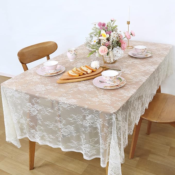 LuoluoHouse Rustic Ivory Wedding Tablecloths Lace Chic Rectangular - Image 2