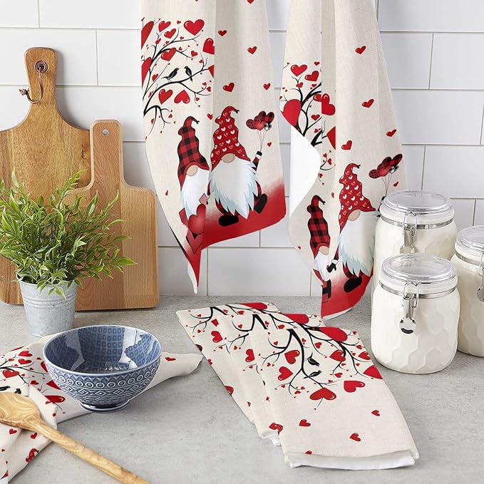 Kitchen Towels,Microfiber Cleaning Cloths, Valentine's Day Cute Gnome Red Love Heart Soft Dish Towels for Kitchen, Pack of 3 Absorbent Reusable Dish Towels,Tea Towels,Bar Towels,18x28 Inch - Image 3