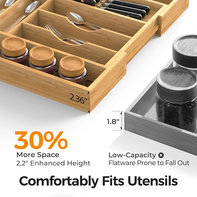 Bamboo Silverware Drawer Organizer, 6-8 Slots Kitchen Drawer Tray | 13"-21.69" Expandable, Utensil Holder & Cutlery Tray with Removable Knife Block, Hold 7 Knives, 2.36" Deep for Extra Capacity - Image 4