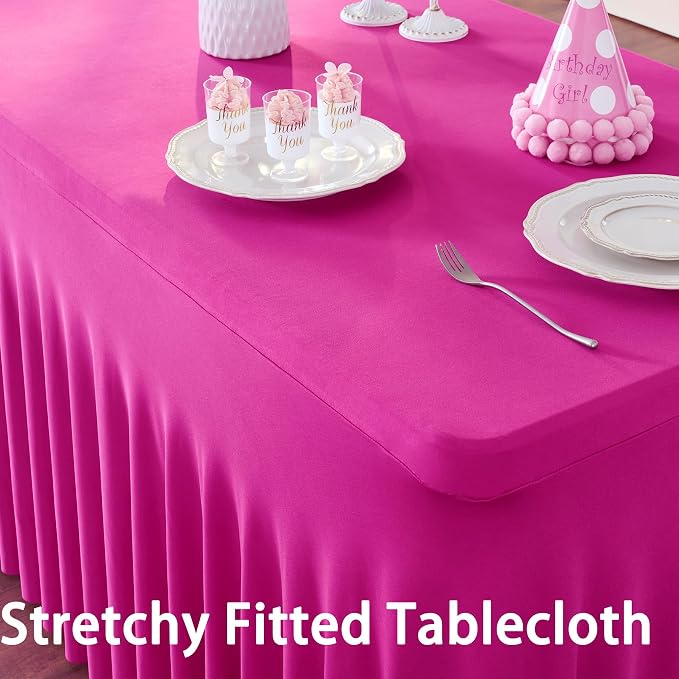 3 Pack Hot Pink Spandex Tablecloth for 6 Foot Rectangle Tables, Wrinkle Free Fitted Table Cloth Cover 6ft Fuchsia Stretchy Tablecloths with Skirt for Parties Weddings Birthday Banquet Baby Shower - Image 2
