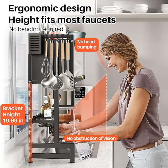 Over The Sink Dish Drainer Drying Rack 3 Tiers with Cover, Keep Kitchen Sink Shlef Organized Space-Saving Dish Drying Rack, Large Stainless Steel Sink Dish Rack for Dishes, Bowls, Cutlery (37.4"w) - Image 6