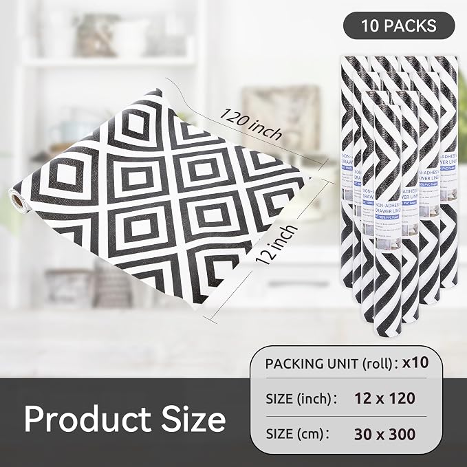 FIFTY FEET 12"x120" Non-Adhesive Shelf Liner for Kitchen Cabinets and Drawers, Washable Non-Slip PVC Cabinet Liner (Black Plaid)(10 Roll) - Image 5