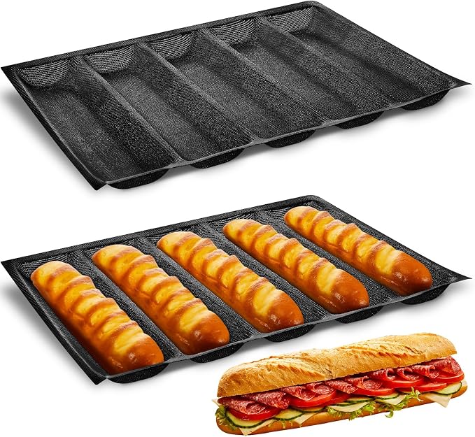 Maxcheck 2 Pcs Silicone Perforated Baking Forms Sandwich Mold French Baguette Bread Pan Mat 5 Loaf Non Stick Baking Liners for Home Kitchen by Maxcheck
