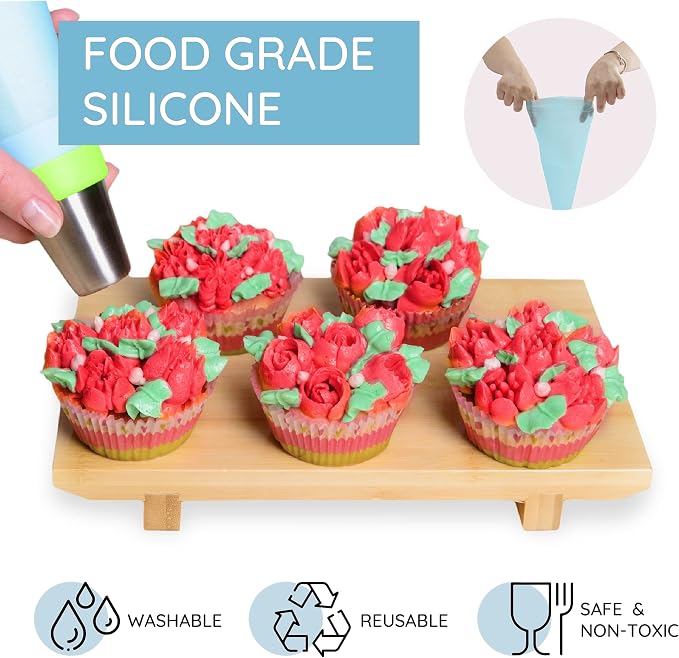 Wenburg Russian Piping Tips Set - Cupcake Decorating Kit - 25 Large & 4 Small Nozzles (incl. Leaf attachments), 3 Adapters, 1 Silicone and 30 Disposable Piping Bags, Manual (Deluxe) - Image 2