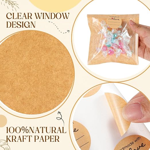 Outus 100 Pcs Cookie Packaging Bags with Seal, 4 x 4 Inch, Brown | Bakery Pastry Bags with Window, Heat Sealable Grease Resistant Paper to Go Bake Sleeves for Gift Giving Donut Bread Sandwich - Image 3