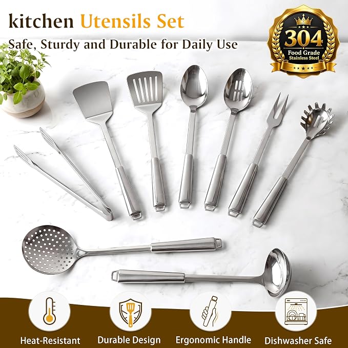 9 Pcs Cooking Utensils Set, 304 Stainless Steel Kitchen Utensils, Heat Resistant Metal Kitchen Tools Include Solid & Slotted Spatula, Serving Spoon, Ladle, Pasta Spoon, Fork, Tongs, Dishwasher Safe - Image 2
