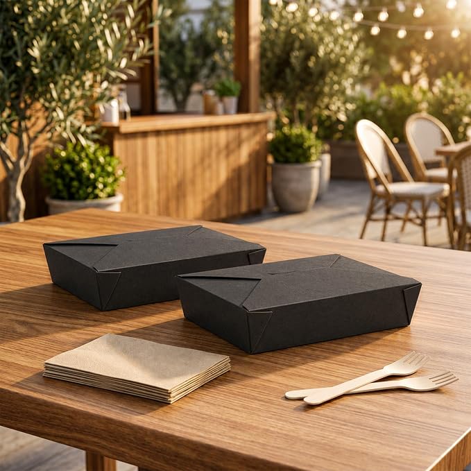 Restaurantware-Bio Tek 8.5 x 6.3 x 2 Inch Food Containers, 200 Durable Noodle Boxes - Disposable, Sustainable, Black Paper 49-Ounce Takeout Boxes, Rectangle, For Takeouts, Or Picnics - Image 3