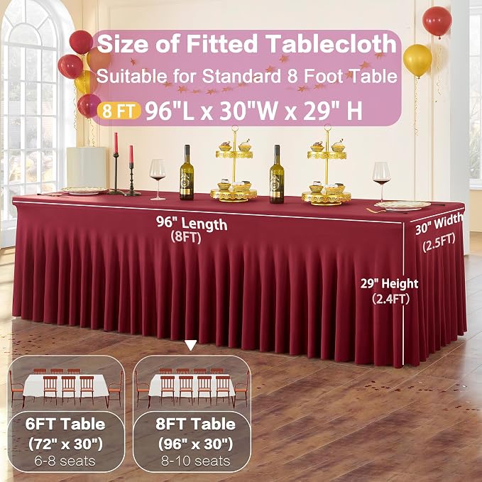 Spandex Burgundy Table Clothes for 8 Foot Rectangle Tables, Wrinkle Free Fitted Tablecloth Cover 8ft Maroon Stretchy Tablecloths Desk Skirt for Parties Weddings Birthday Banquet Baby Shower - Image 5