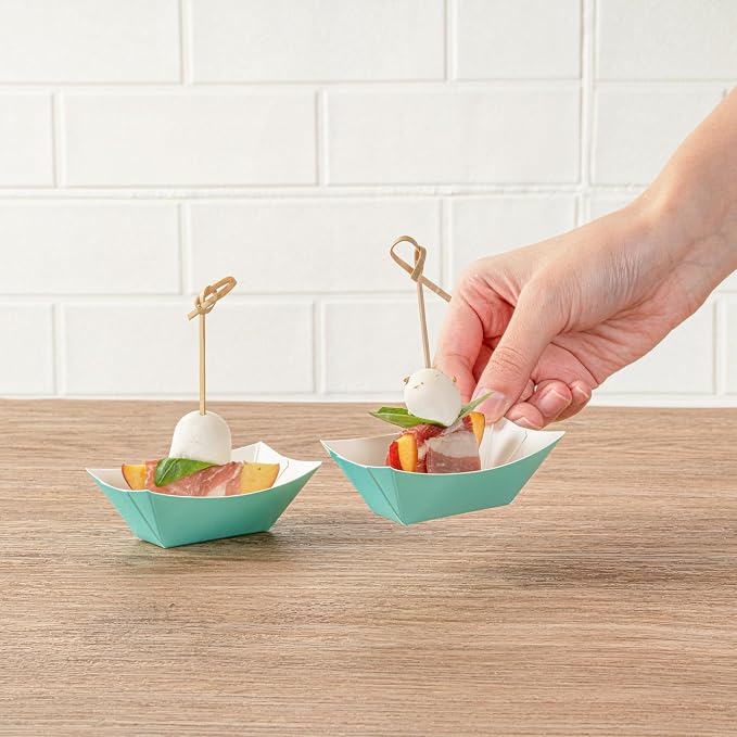 Restaurantware-Bio Tek 2 Ounce Food Boats, 50 Disposable Paper Food Trays - Heavy-Duty, Greaseproof, Turquoise Paper Boats, For Snacks, Appetizers, Or Treats, Use At Parties Or Carnivals - Image 4
