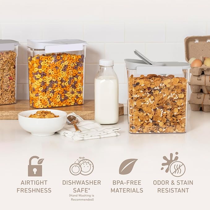 Bentgo Pantry - 6-Piece Airtight Cereal Containers, Easy Push & Pour Lid, Stackable & Clear BPA-Free Storage, Locking Lids for Freshness – Ideal for Kitchen & Pantry Organization (White Stone) - Image 3