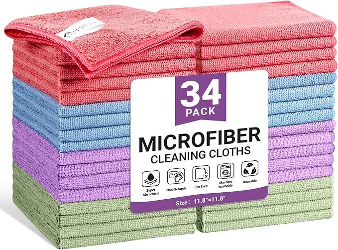 SIFANGKE Microfiber Cleaning Cloth, 34 Pack Assorted Color Cleaning Rags for Housekeeping, Colorful Reusable Microfiber Towels for Car, Kitchen, Bathroom and Household Cleaning Supplies, 11.8"X11.8" by Unknown