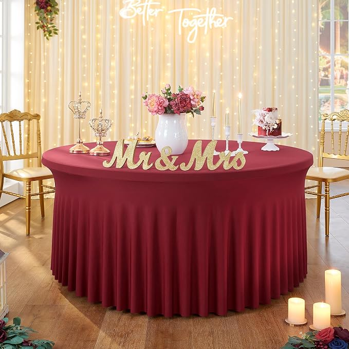 8 Pack Burgundy Round Spandex Tablecloth for 72 inch Table, Stretchy 132inch Fitted 6FT Round Table Cloths Maroon, Wrinkle Free Table Cover with Skirt for Wedding Birthday Christmas Party Banquet - Image 6