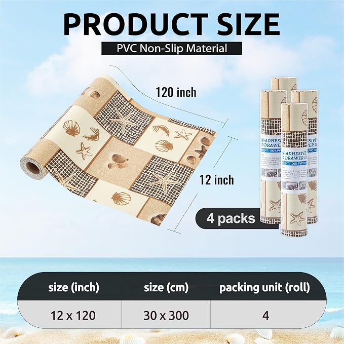 FIFTY FEET 12X120 Inch Shelf Liner for Kitchen Cabinets, PVC Drawer Liner for Dresser Non-Slip Bathroom, Non-Adhesive Cabinet Liner Washable (Beach)(4 Roll) - Image 3