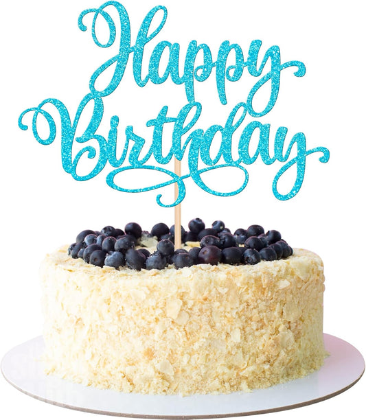 ZHUOWEISM 1 PCS Happy Birthday Cake Topper Glitter Cake Pick for Celebrating Anniversary Party Cake Decorations Supplies Lake Blue