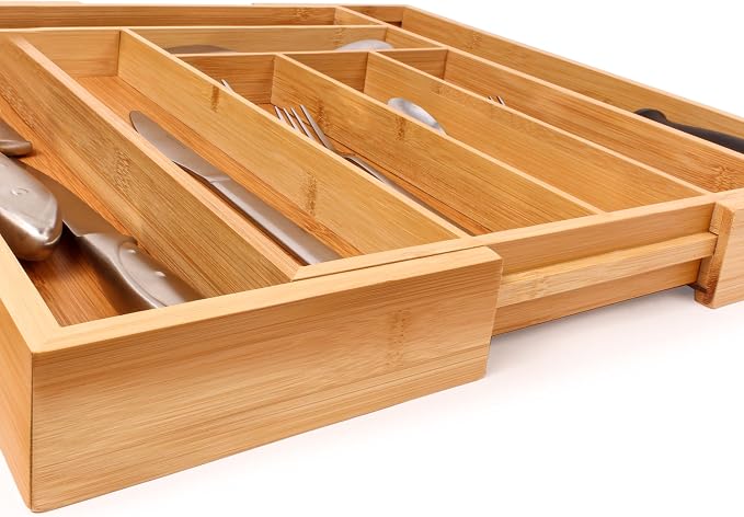 BergHOFF Bamboo 8-Slot Expandable Flatware Organizer Fits Most Kitchen Drawers, Expand from 12.75" to 18.5" | Durable Wood Drawer Divider For Flatware Storage, Adjustable Kitchen Silverware & Cutlery Tray, Fits 12.75" To 18.5" Drawers - Image 6