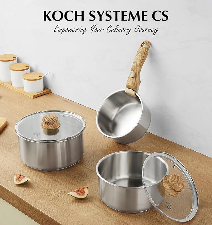KOCH SYSTEME CS 18/10 Stainless Steel Saucepan Set Removable Handle, 1.5QT & 2QT & 3QT Sauce Pan with Lids, 6pcs Sauce Pot Detachable Handle, Induction Ready, Camping Cookware Set, Unique Gifts - Image 8