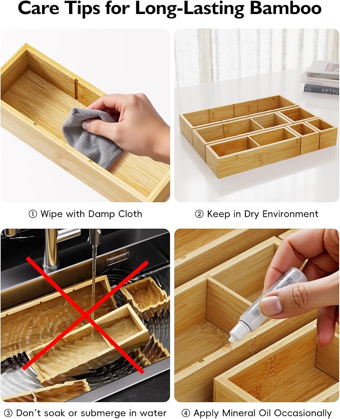 Bamboo Drawer Organizer Set, 6 PCS Trays with 12 Compartments - Image 8