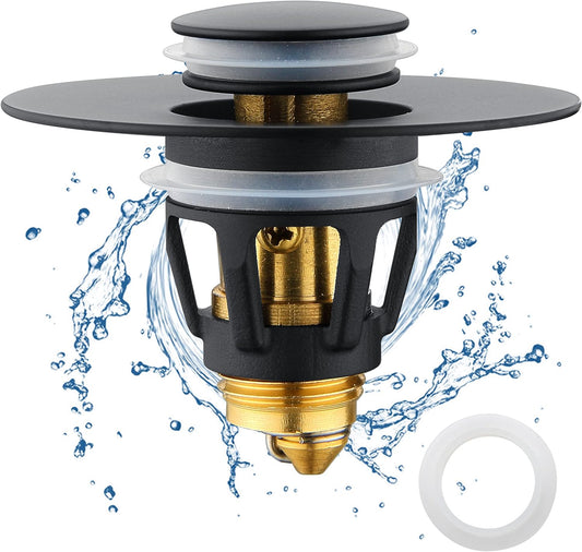 Black Bathroom Sink Drain Stopper, Sink Stopper Fits for 1.25" Drain Hole with 3 Rubber Rings, Anti Clogging Pop up Drain Filter Plug, Wash Basin Strainer with Basket, Matte Black