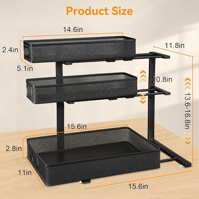 3 Tier Adjustable Under Sink Organizer for Bathroom & Kitchen(1Pack, Black) - Image 9
