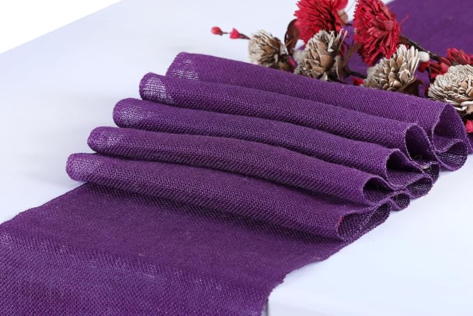 MDS® Pack of 12 Natural Burlap Table Runner, 12 x 108 Inch, Jute Rustic Farmhouse Boho Table Decor for Wedding Reception, Dining Table, Bridal Shower, Baby Shower & Party Decorations - Cadbury Purple - Image 2