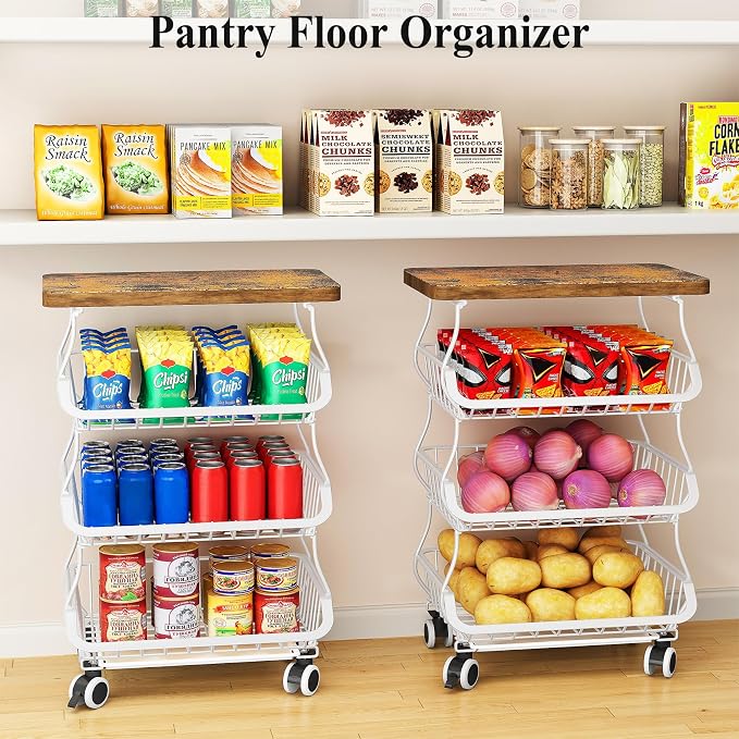 SAYZH 4-Tier Fruit and Vegetable Basket Stand for Kitchen, Wood Top, White | Stackable Vegetable Storage Baskets with Wheel, Metal Wire Storage Carts for Onion, Potato and Snacks - Image 6