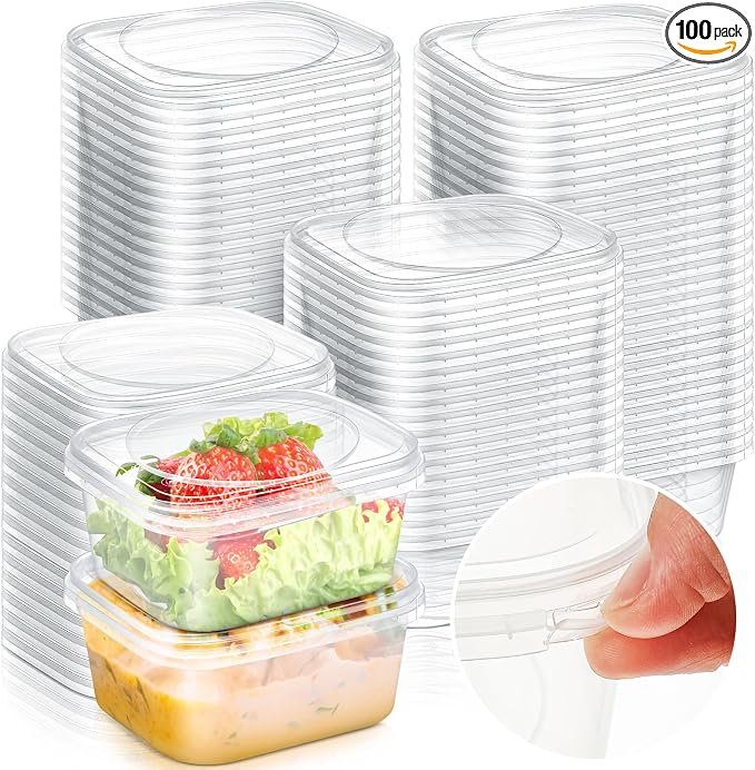 100 Pack 8 oz Deli Containers with Lids, Leakproof, Tamper Proof | Stackable Square, Clear Plastic Food Storage, Meal Prep Containers for Soup, Desserts & Salad, Microwave & Dishwasher Safe by Yiyiring