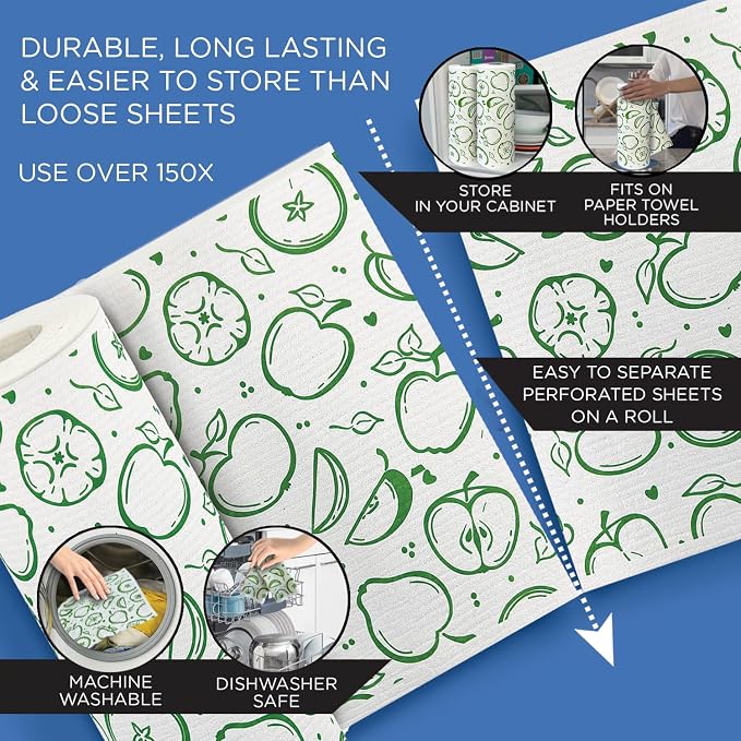 LOLA Swedish Dishcloths XL on a Roll, 30 Sheets, Fruit Pattern, Perforated Tear-Off 11" x 10" Sheets w/Hook, Reusable Absorbent Unpaper Towels Cellulose Sponge Cloth Biodegradable Made in Germany - Image 6