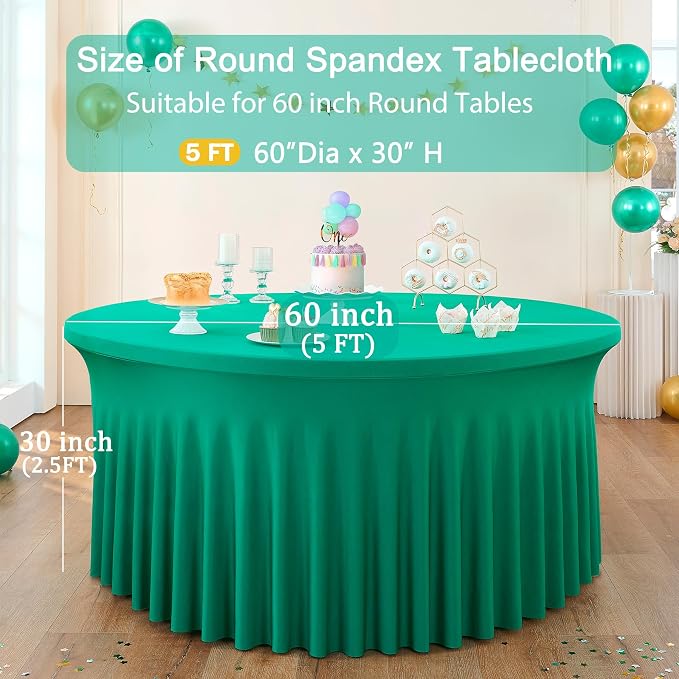 6 Pack Emerald Green Spandex Round Tablecloths Stretchy 120in Fitted 5FT Table Cloths Wrinkle Free Table Cover with Skirt for Wedding Party Dining Banquet - Image 4