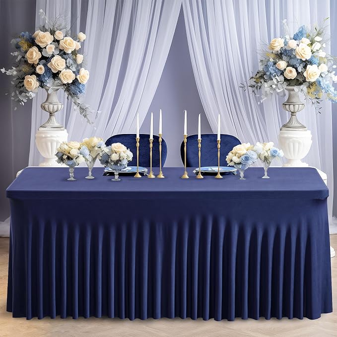Wish Care 2 Pack Navy Blue Stretch Spandex Table Clothes for 6 Foot Rectangle Tables, 6FT Wrinkle Free Fitted Tablecloths Ruffles Design Table Cover for Party, Banquet, Wedding and Events - Image 6