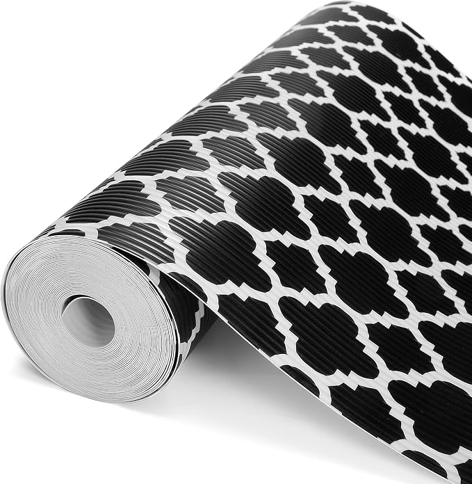 Glotoch Shelf Liner, 17.5" W x 360" L, Black and White Quatrefoil by GlotochExpress