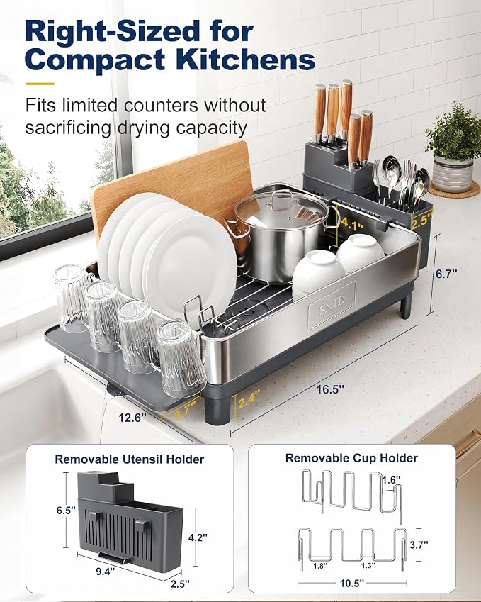 SNTD 304 Stainless Steel Dish Drying Rack for Small Kitchen Counter, Grey - Image 2