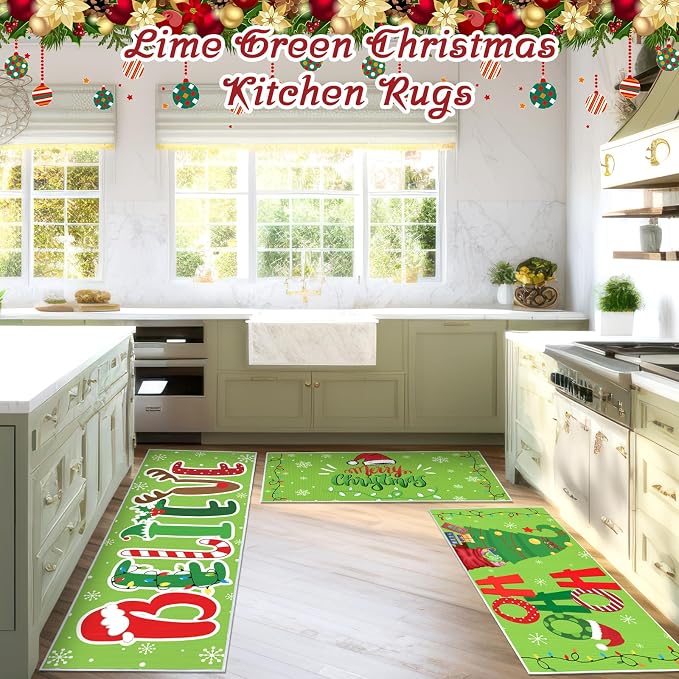 Breling 7 Pcs Lime Green Christmas Kitchen Rug and Towel Set Bathroom Decor Mat Absorbent Dish Hand Towel Xmas Kitchen Decoration Farmhouse Gift - Image 2