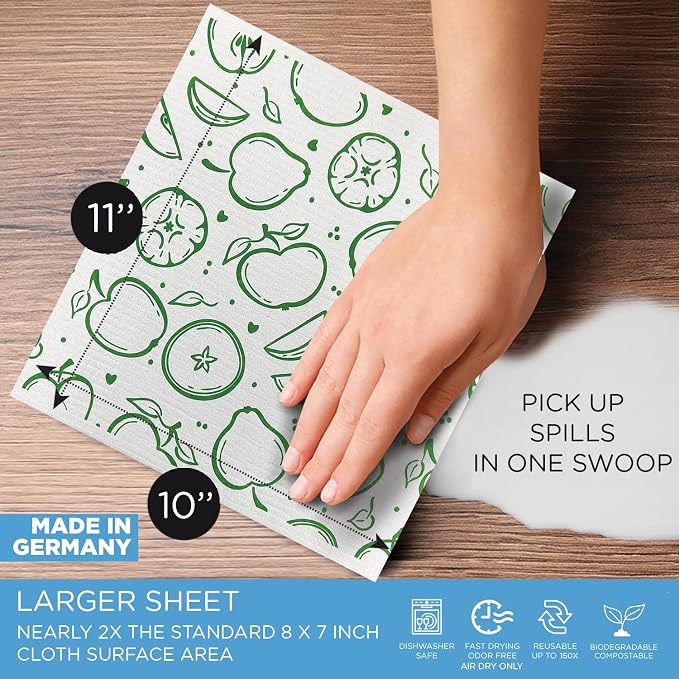 LOLA Swedish Dishcloths XL on a Roll, 30 Sheets, Fruit Pattern, Perforated Tear-Off 11" x 10" Sheets w/Hook, Reusable Absorbent Unpaper Towels Cellulose Sponge Cloth Biodegradable Made in Germany - Image 4