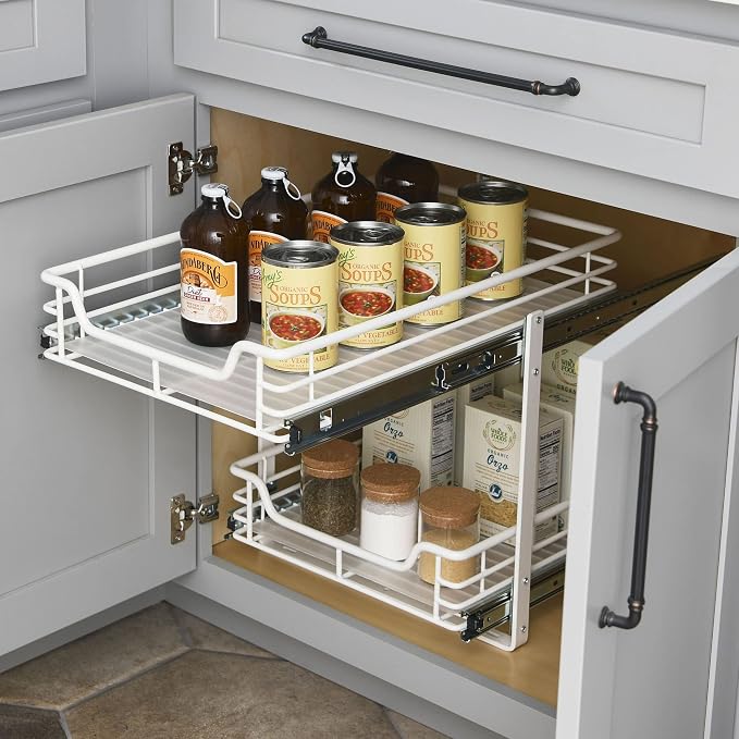 Household Essentials Glidez Multipurpose Paint-Finished Steel Pull-Out/Slide-Out Storage Organizer for Under Cabinet Use - 2-Tier Design - Fits Standard Size Cabinet or Shelf, White - Image 6
