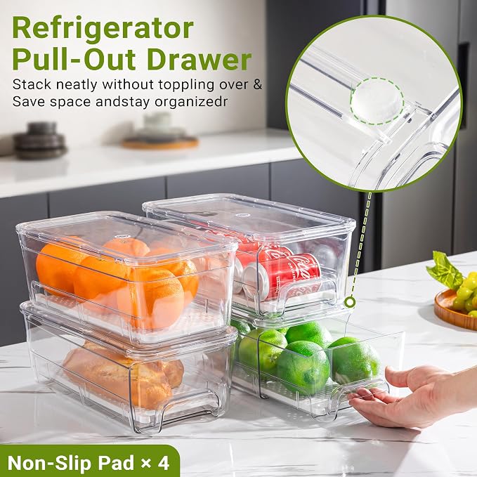 Imncya Fridge Organizer Bins, Clear Stackable Pull Out Fridge Drawer Organizer, Refrigerator Organizers and Storage Container for Fruits, Vegetables, Drinks, Food ( 2 Pack Clear) - Image 4