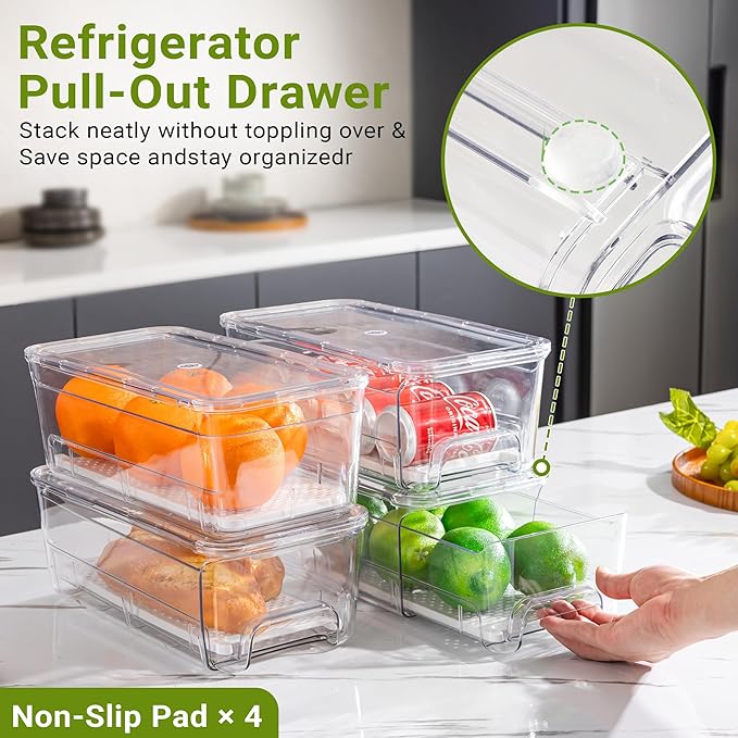 Imncya 5 Pack Refrigerator Organizer Bins, Fridge Organizers and Storage | Stackable Pull-Out, Refrigerator Drawers with Lids, Clear Design with Drain Tray, Fruits Vegetables Snack Storage Containers - Image 4