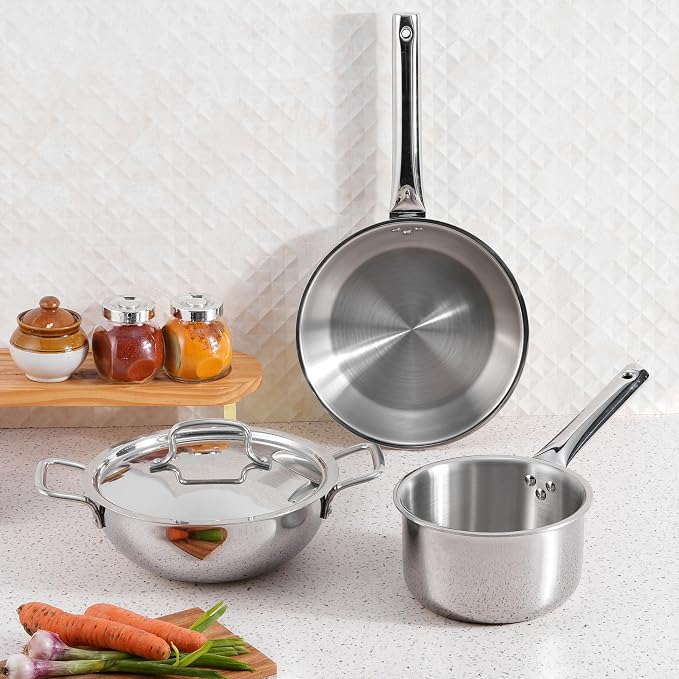 Kraft Fututretec Triply Stainless Steel Cookware 4 Pc Combo Gift Set / 3.2 L - 22 cm Kadai with Lid, 22 cm Frypan, 1.6 L - 16 cm Saucepan/Induction Base Utensil - 5 Year Warranty - Image 2