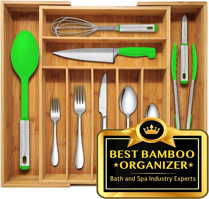 Nature Gear Bamboo Kitchen Drawer Organizer, Expandable Wood Utensil Tray, Adjustable Silverware Organizer with 9 Compartments for Fork, Spoon & Knife Utensils by NatureGear