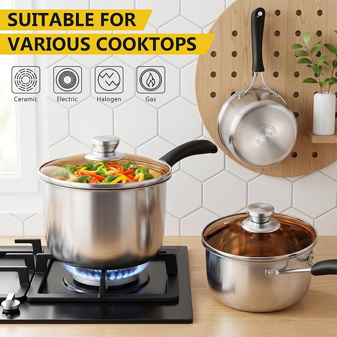 E-far Saucepan Set of 3, 1QT, 2QT & 3QT Stainless Steel Sauce Pan with Lid - Image 4